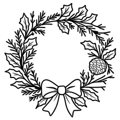 Line art doodle Hand drawn Christmas Winter graphic vector illustration isolated on white background color editable Christmas Wreath