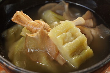 Dolly, close up of Stewed bitter gourd with mushroom, Vegetarian food design for Vegetarian Festival also known as Nine Emperor Gods Festival. Vegan and vegetarian food idea concept. 