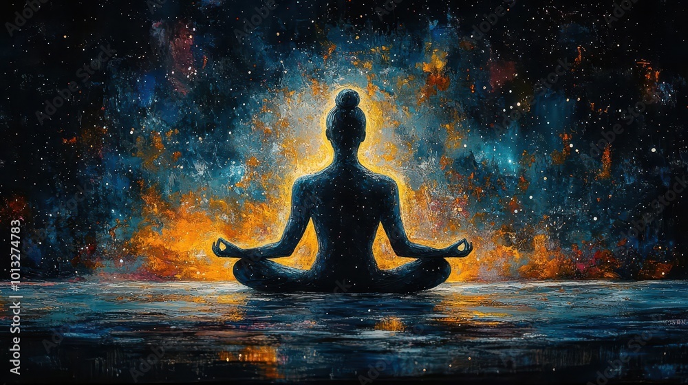 Wall mural silhouette of a serene figure meditating against a cosmic background filled with stars and galaxies symbolizing inner peace energy flow and spiritual enlightenment