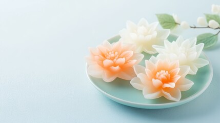 Obraz premium Thai floral jelly desserts on a ceramic plate, pastel hues, intricate textures, showcasing elegant craftsmanship and cultural delicacy