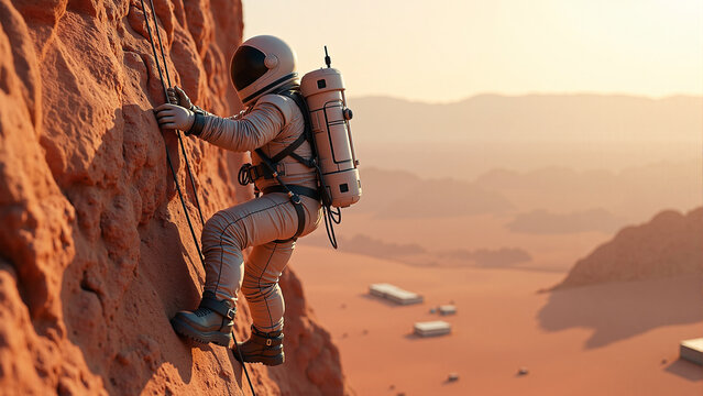 Mars mission. Astronaut in spacesuit climbing sandy cliff. Orange and red desert landscape. 