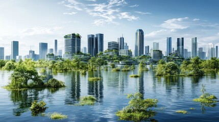 Fototapeta premium A futuristic cityscape with green buildings and trees emerges from a flooded landscape.