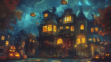 Obraz premium halloween, spooky, night, haunted, house, moon, dark, trees, cartoon, scene, glowing, illustration, ghost, autumn