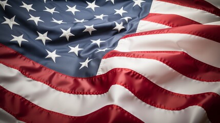 Close up view of american flag with stars and stripes and cross hanging in bottom right corner