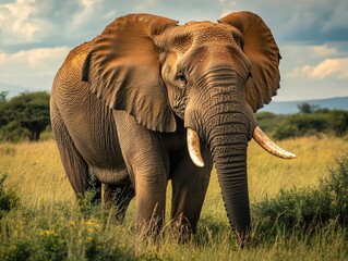 Elephant with tusks in field