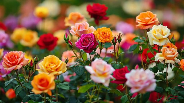 A close-up of a rose garden with different colored roses in bloom