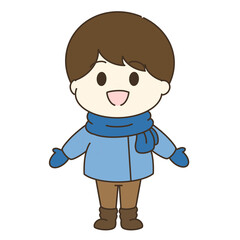 暖かい服装の笑顔の男の子のゆるかわイラスト
