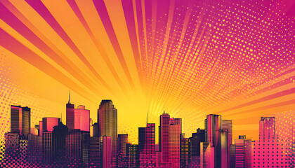 Cityscape with sunbursts and clouds in cartoon-style design