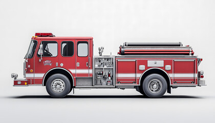 Classic Red Fire Truck with Equipment Side View Isolated on White Background design