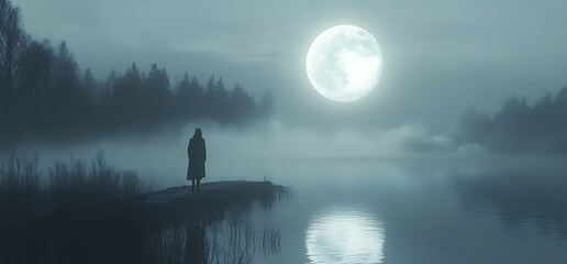 A lone figure stands on a misty lake shore under a full moon.