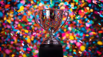 Colorful trophy surrounded by confetti