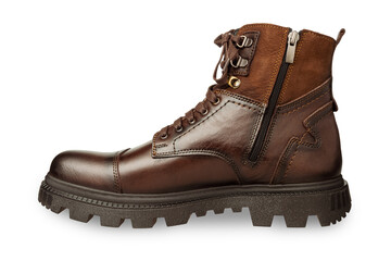 Tall men's leather boots isolated on a white background: stylish and reliable shoes for men of any age