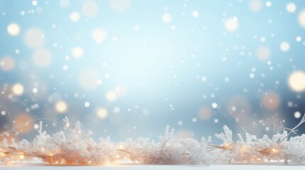 Magical christmas background with snowflakes, lights, and white tree branches on blue sky