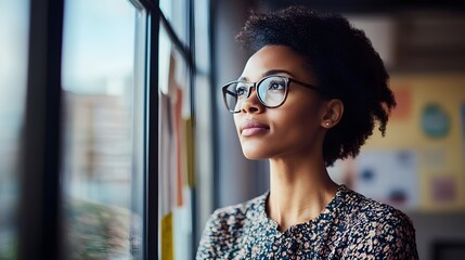 A thoughtful HR consultant looking out of a large window, reflecting on strategies for employee engagement while surrounded by motivational posters in the background