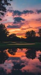A panoramic view of a tranquil golf course at sunset, with silhouettes of trees and a vibrant sky reflecting on the still water hazard