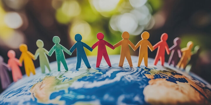 Many colorful cutout paper people over solid background. International day for tolerance. Inclusion, diversity and acceptance concept.