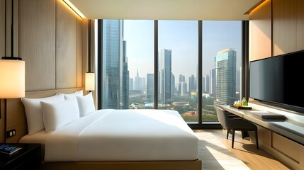 Fototapeta premium A modern hotel room featuring a king-sized bed, minimalist dà¸£à¸‰cor, and large windows that showcase panoramic city views, emphasizing comfort and style