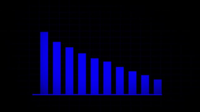 Abstract blue color decreasing business graph chart animation on black background.