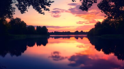 Fototapeta premium A serene landscape featuring a tranquil lake reflecting a vibrant sunset, with silhouettes of trees framing the scene, providing ample negative space for text or branding