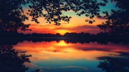 Fototapeta premium A serene landscape featuring a tranquil lake reflecting a vibrant sunset, with silhouettes of trees framing the scene, providing ample negative space for text or branding