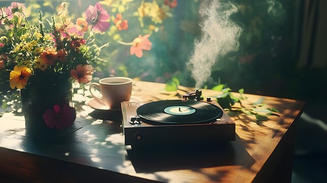 A tranquil image of a record player spinning on a wooden table, surrounded by fresh flowers and a steaming cup of coffee, evoking a sense of nostalgia