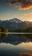 Sunset over a serene mountain landscape with a lake.