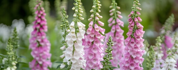 Obraz premium A cluster of pink foxgloves with white accents in a garden