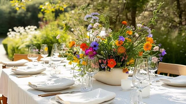 Beautiful table setting with white tablecloth, ceramic plates, empty wine glasses and a bright colorful flower arrangement, prepared for an outdoor summer party in a green garden