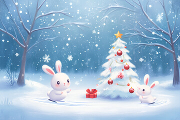 Cute baby animal sliding on frozen river illustration. have fun in winter. little rabbits having fun on the ice rink. Winter holiday background with festive Christmas tree