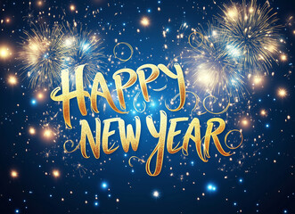 Happy New Year Celebration Text with Festive Gold Fireworks Collage in Night Sky