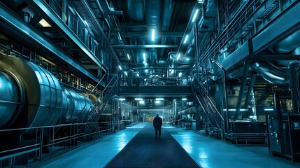 Obraz premium Futuristic industrial interior with person walking
