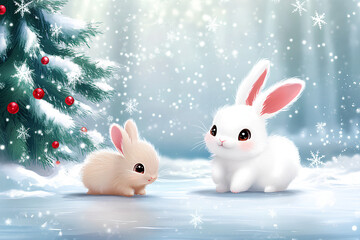 Cute baby animal sliding on frozen river illustration. have fun in winter. little rabbits having fun on the ice rink. Winter holiday background with festive Christmas tree