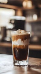 A tall glass of iced coffee with layers of cream over dark espresso, set against a minimalist kitchen backdrop, emphasizing simplicity and elegance