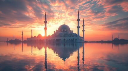 Naklejka premium Majestic mosque silhouette at sunset over tranquil waters