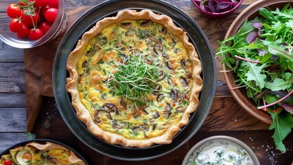 Freshly baked mushroom quiche is surrounded by bowls of salad, herbs, and dip, creating a vibrant and appetizing spread for a delightful meal - Powered by Adobe