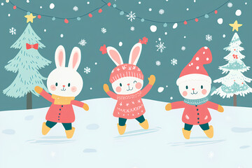 Obraz premium Cute baby animal sliding on frozen river illustration. have fun in winter. little rabbits having fun on the ice rink. Winter holiday background with festive Christmas tree