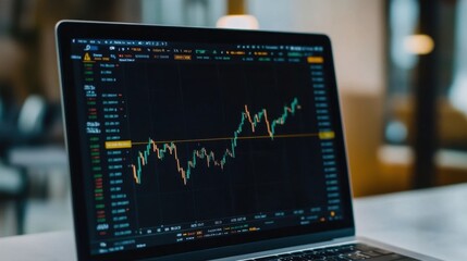 A laptop displaying an analytics app with business metrics, financial charts, and market analysis tools, used for online trading and investment