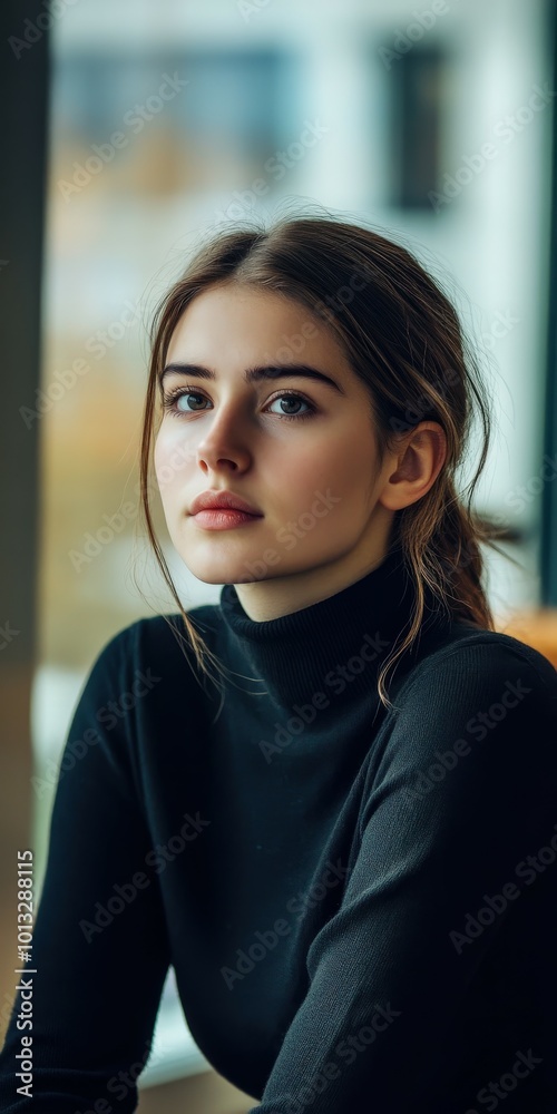 Wall mural Young woman in a black turtleneck sweater sitting indoors during daytime