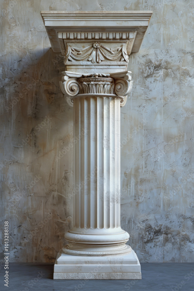 Wall mural white marble column with intricate design, set against a clear blue sky.