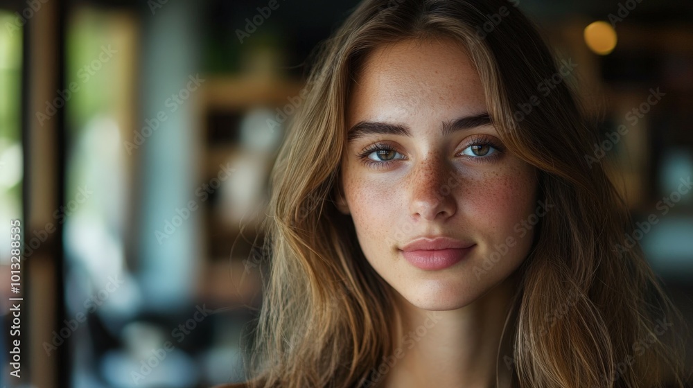 Wall mural Young woman with a natural look in a cozy indoor cafe setting