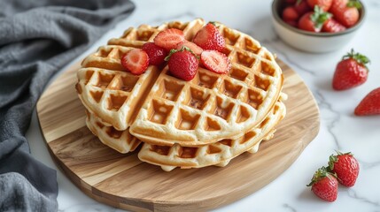 Gluten free flour ingredient waffle crunchy breakfast cake on wooden board