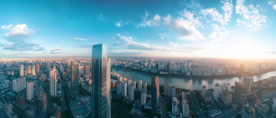 erial View of City Skyline with Skyscrapers and Buildings
