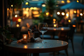 Cozy empty restaurant setting with a single glass at dusk