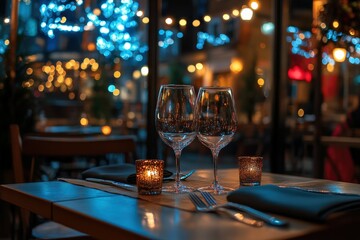 Cozy empty restaurant adorned with twinkling lights at night