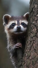 Fototapeta premium A curious baby raccoon peeks out from behind a tree trunk, its black eyes wide with wonder.