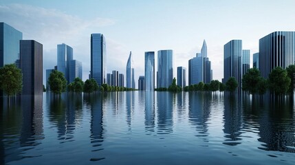 Fototapeta premium Urban landscape submerged, flood disaster recovery, 3D illustration