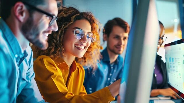 Team of software developers is working on a project, focusing on a computer screen with a smiling female colleague in the foreground