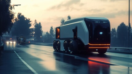 Autonomous delivery truck on the road, highlighting the future of logistics and transportation with cutting-edge self-driving technology