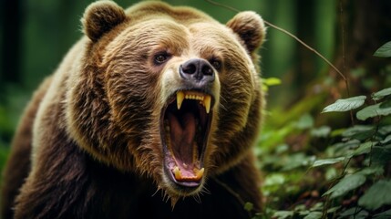 Fototapeta premium A powerful brown bear roaring fiercely at the camera, showcasing its wild and majestic spirit.