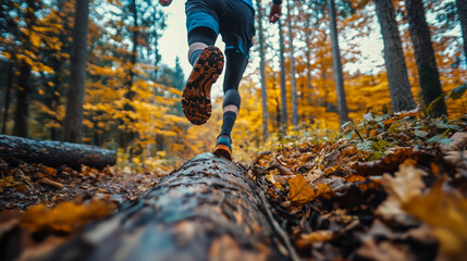 Trail runner in autumn forest leaping over a log
